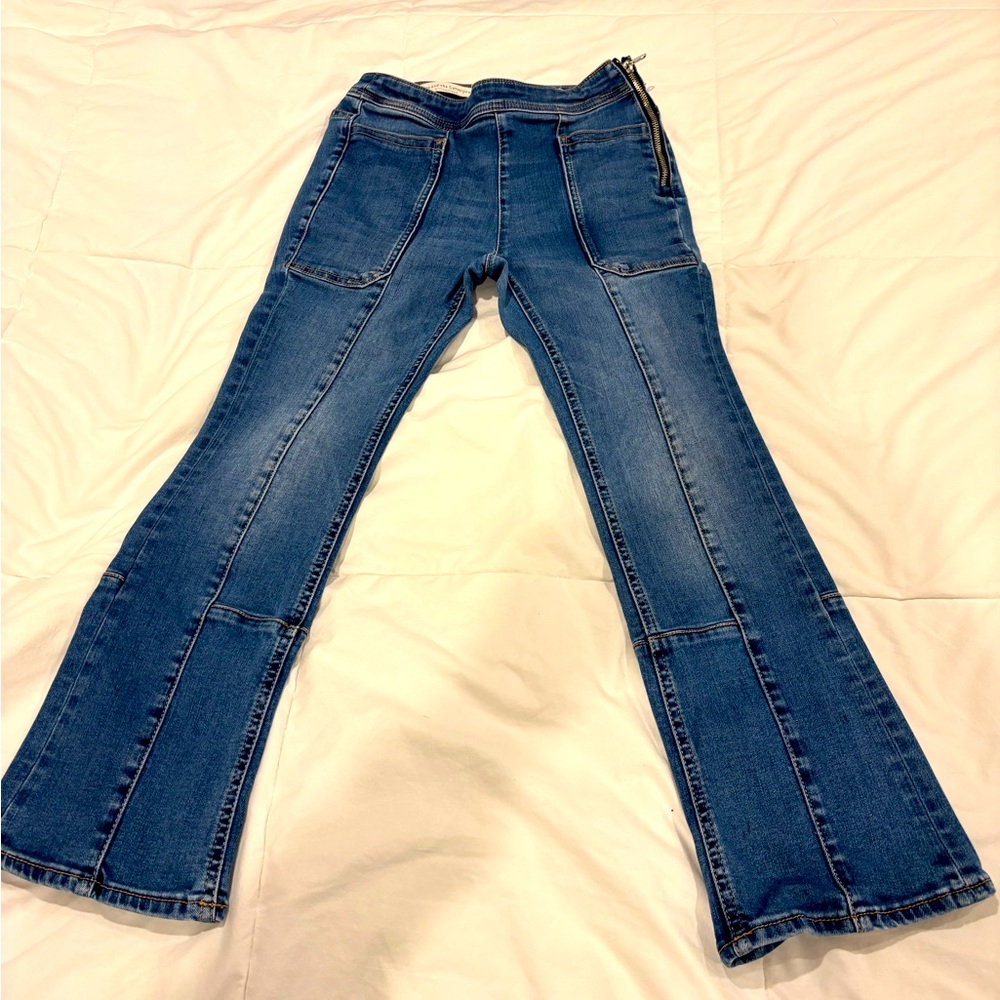 Pilcro letterpress jeans, side zipper, high waisted, cropped mini flare